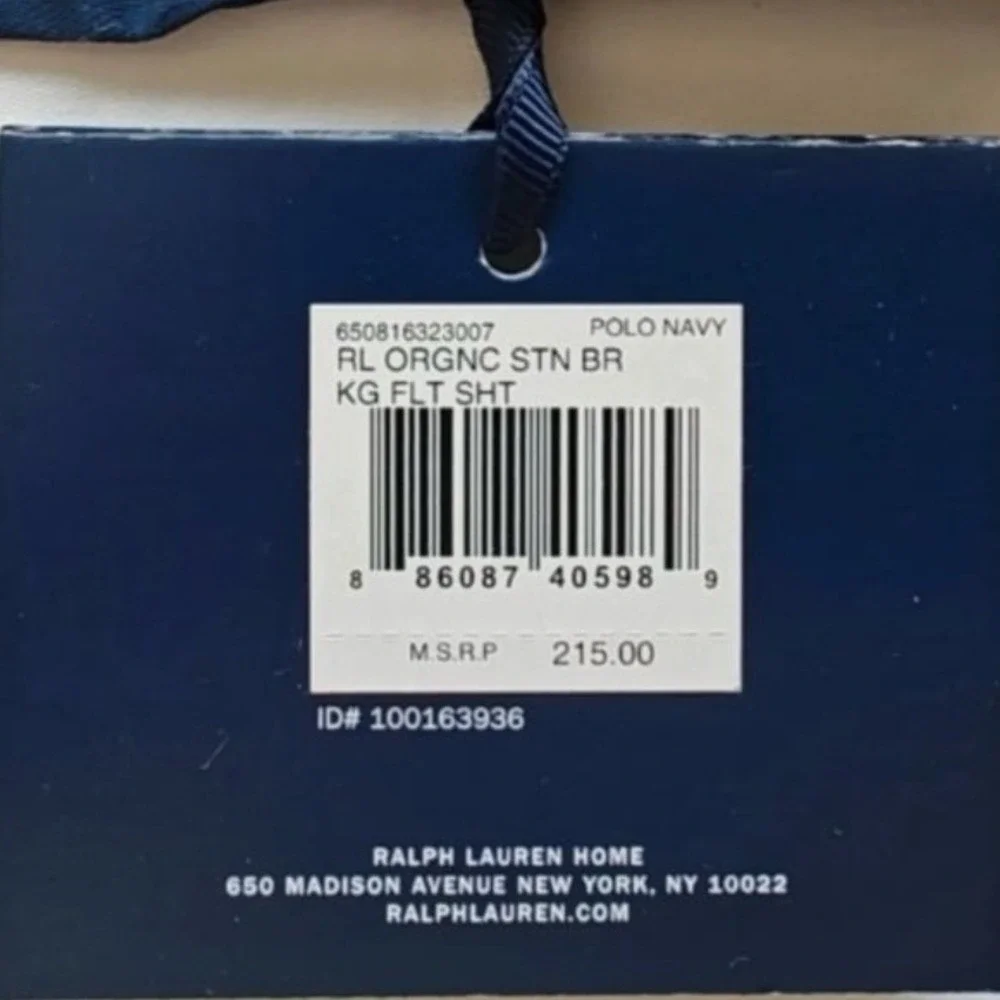 NWT Ralph Lauren Organic Sateen Border King Flat Sheet‎ 624 TC Navy White $215